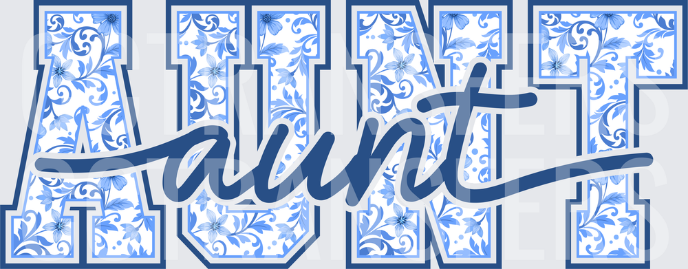 Blue Floral Varsity AUNT Script Overlay (DTF)