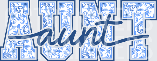 Blue Floral Varsity AUNT Script Overlay (DTF)