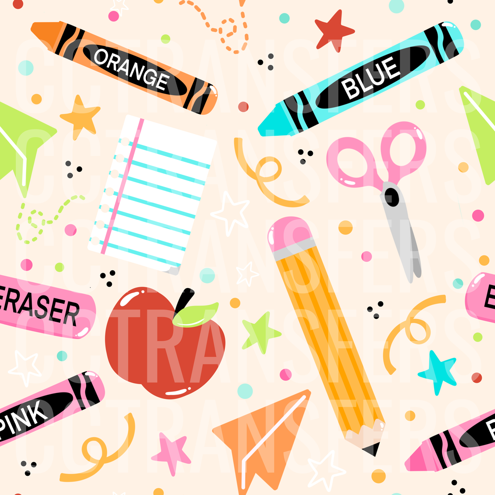 Colorful School Supplies Crayons Pencil Apple Pattern (DTF)