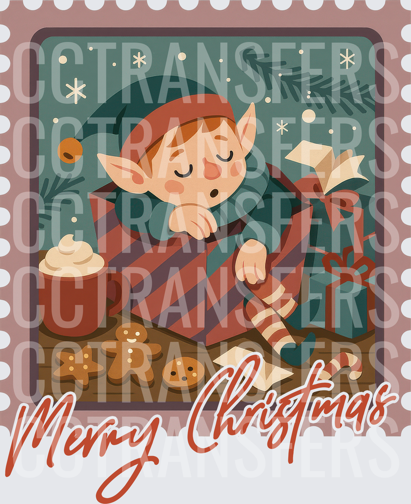 Merry Christmas Sleeping Elf Vintage Stamp Holiday (DTF)