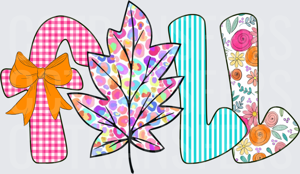 Colorful Patterned Fall Letters with Maple Leaf and Bow (DTF)