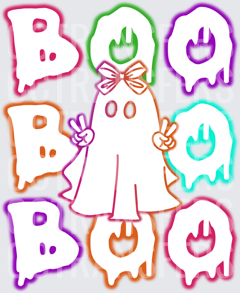 Colorful Neon BOO Ghost Girl Peace Signs Halloween (DTF)