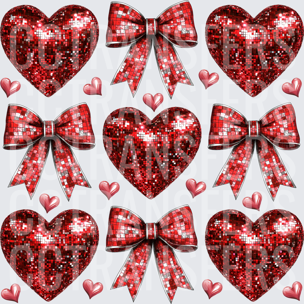 Red Disco Glitter Hearts and Bows Pattern (DTF)