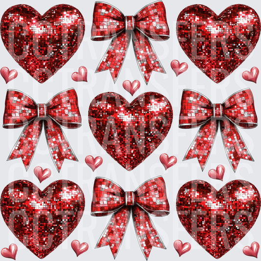 Red Disco Glitter Hearts and Bows Pattern (DTF)