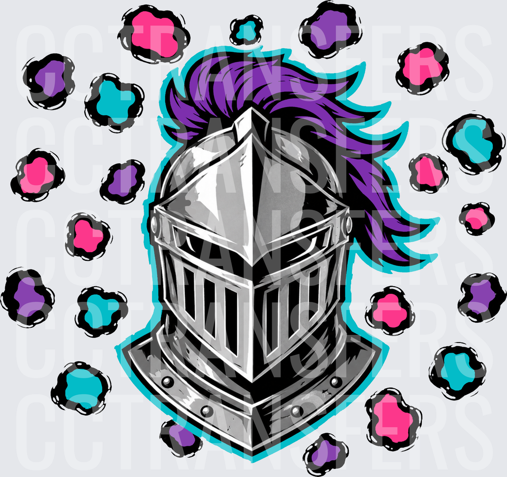 Medieval Knight Helmet Purple Plume Colorful Spots (DTF)