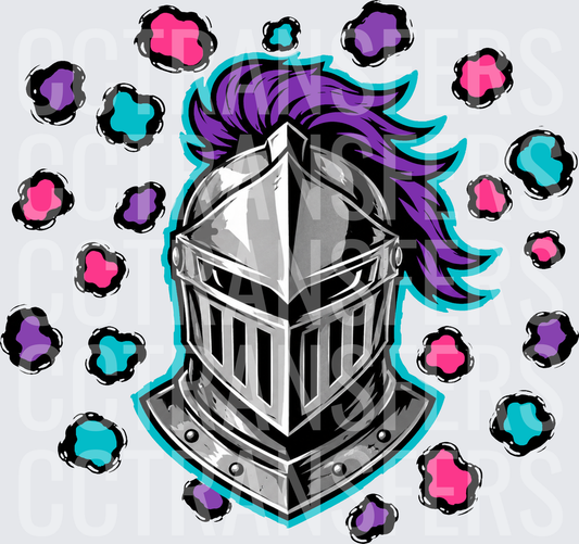 Medieval Knight Helmet Purple Plume Colorful Spots (DTF)