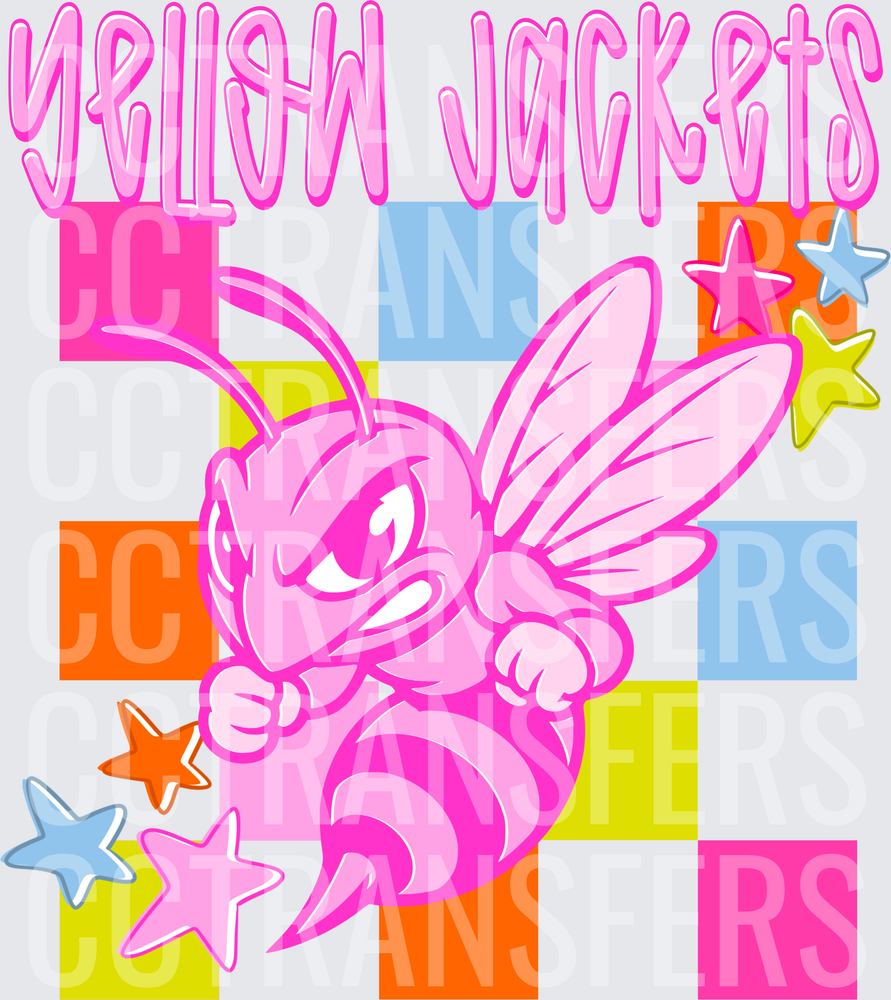 Pink Yellow Jackets Mascot Bee Retro Checkered Stars (DTF)