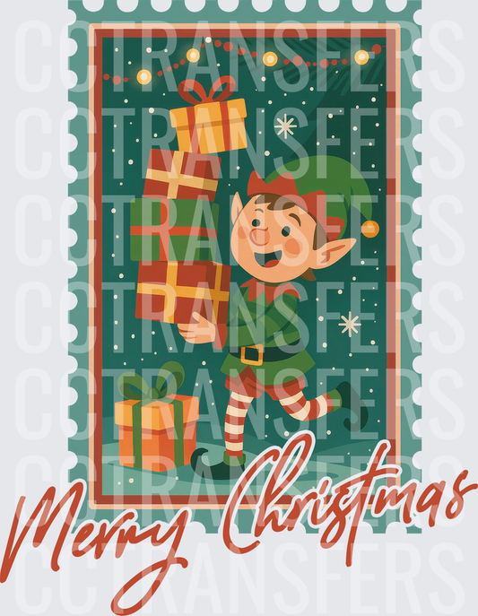Merry Christmas Vintage Stamp Elf Carrying Gifts (DTF)