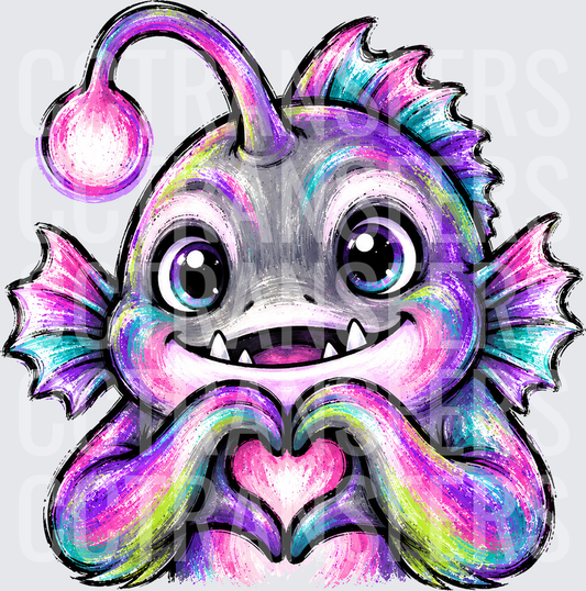 Cute Rainbow Anglerfish Monster Making Heart Hand Gesture (DTF)