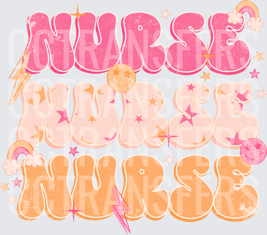 Retro Groovy Nurse Stacked Bubble Letters Pink Orange (DTF)