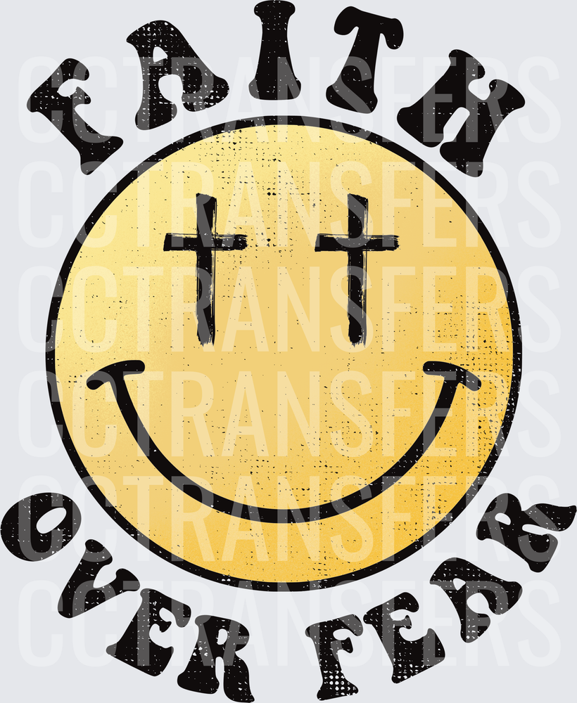 Faith Over Fear Cross Smiley Face Gold Distressed (DTF)