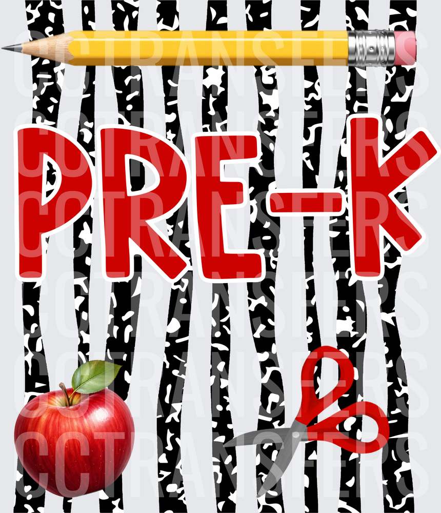 PRE-K Bold Red Text Pencil Apple Scissors School (DTF)