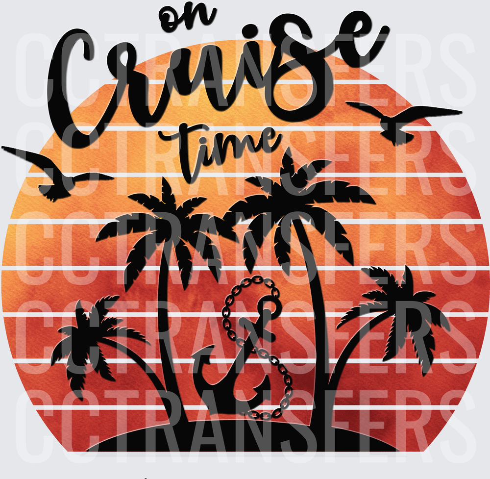 On Cruise Time Retro Sunset Palm Trees Anchor (DTF)