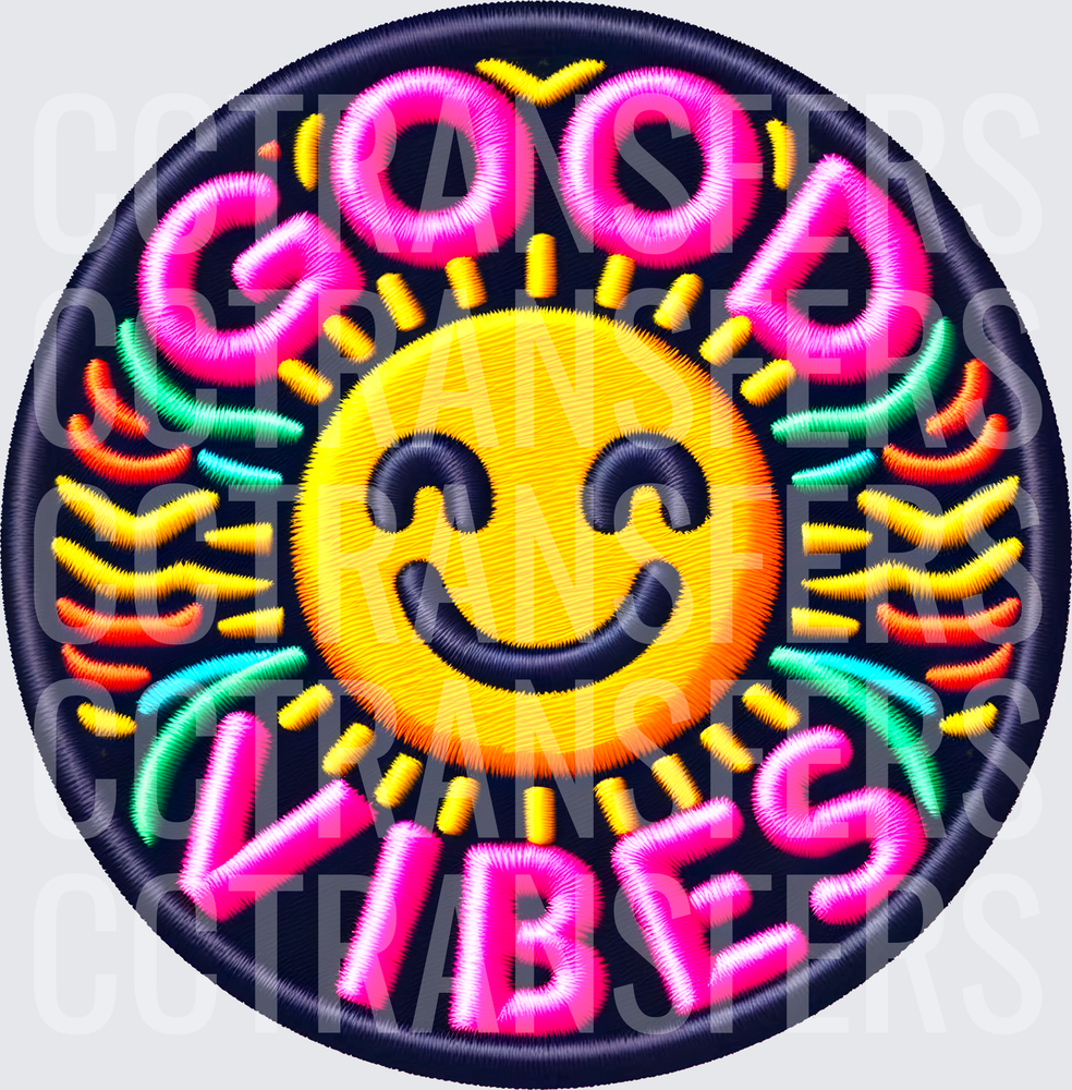 Good Vibes Smiley Sun Embroidery Patch Style (DTF)