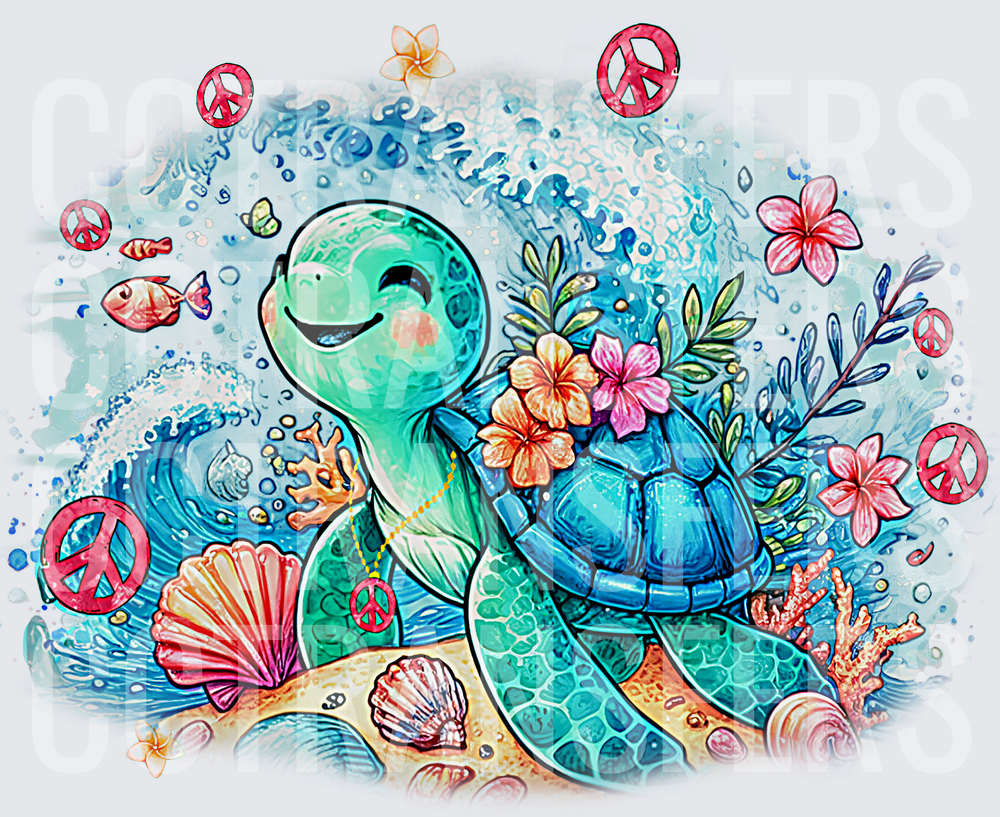 Boho Sea Turtle Peace Sign Floral Ocean Waves Beach (DTF)