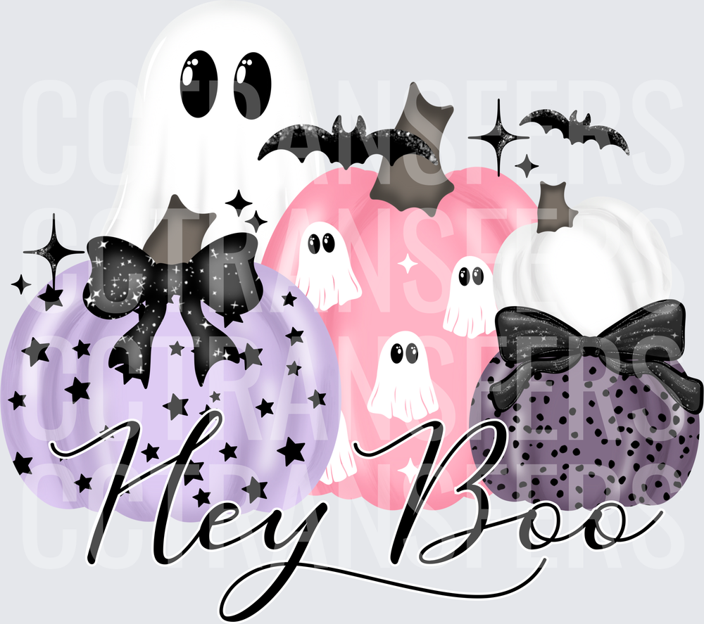 Hey Boo Halloween Pumpkins Ghosts Bats Black Bows (DTF)