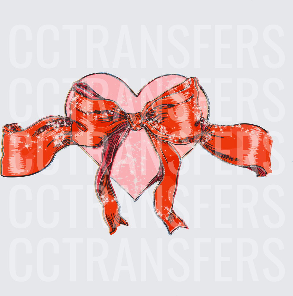 Glittery Pink Heart with Red Satin Ribbon Bow (DTF)