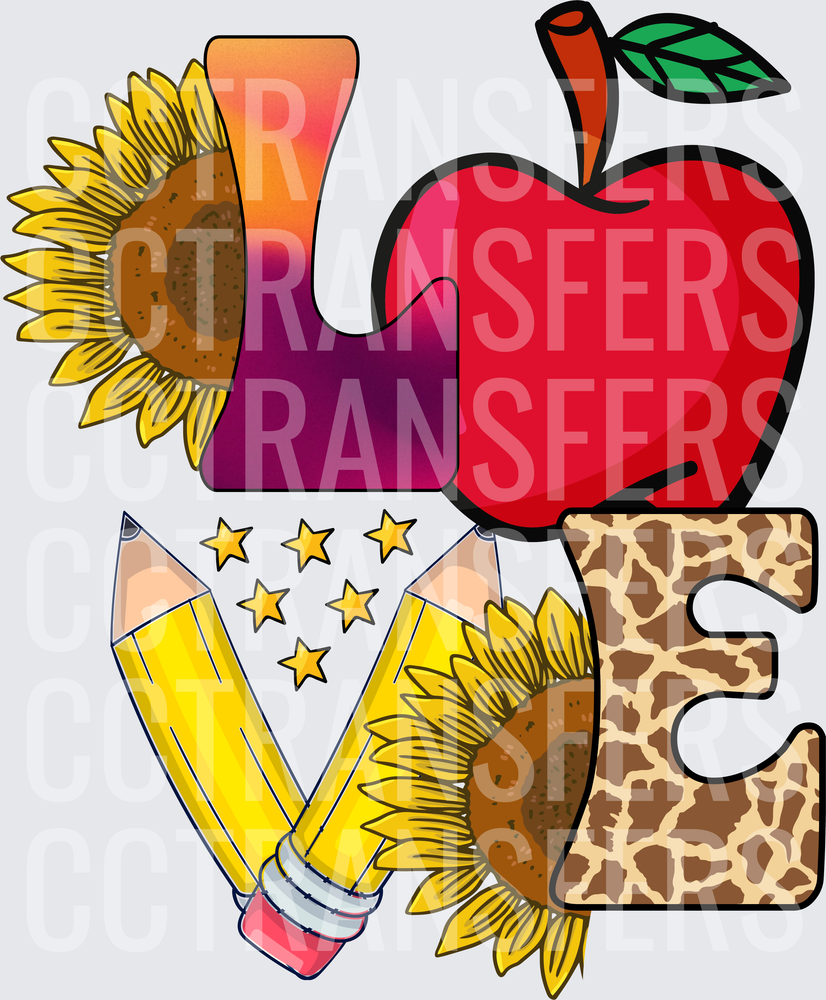 LOVE Teacher Apple Sunflowers Pencils Leopard Print (DTF)