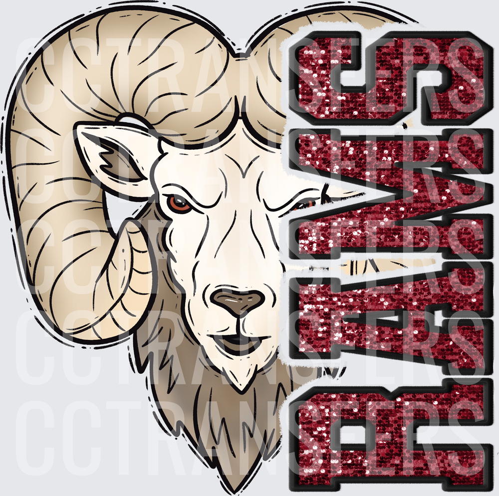 Rams Mascot Head Glitter Crimson Stacked Lettering (DTF)