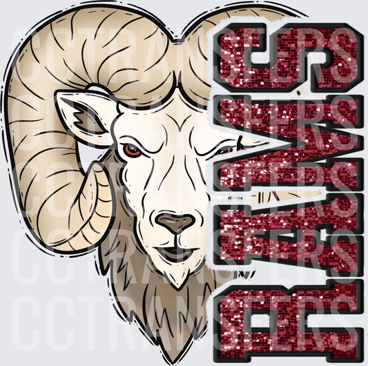 Rams Mascot Head Glitter Crimson Stacked Lettering (DTF)
