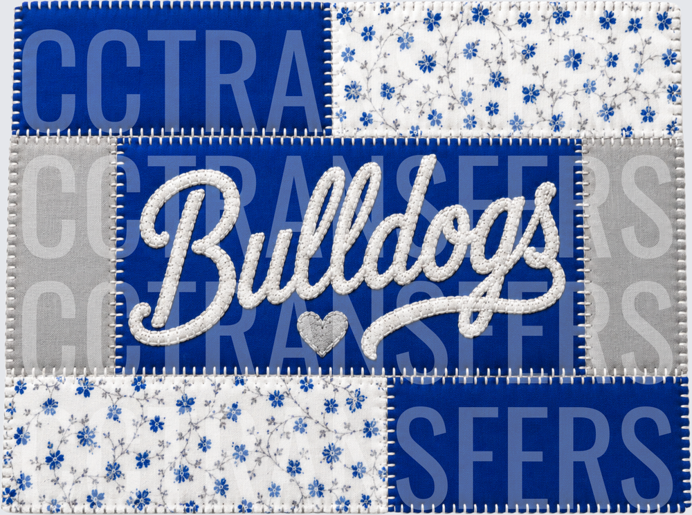 Bulldogs Script Patchwork Quilt Floral Blue Gray (DTF)