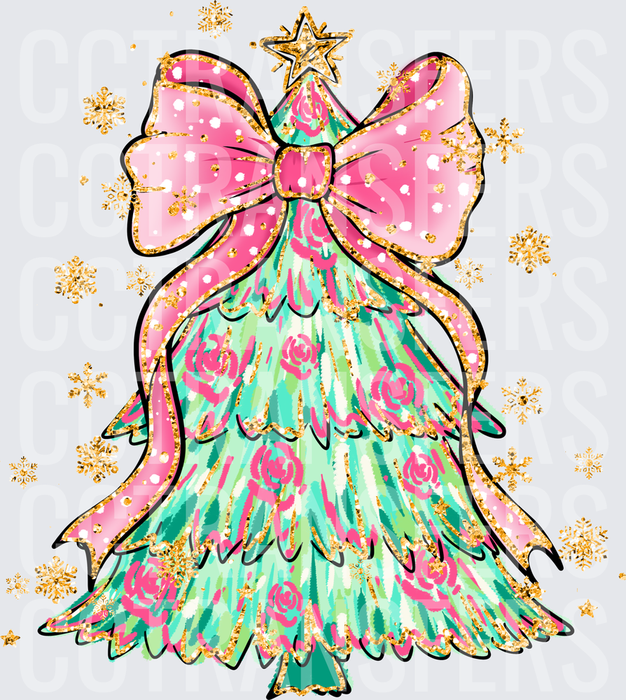 Preppy Floral Christmas Tree Pink Bow Gold Star (DTF)