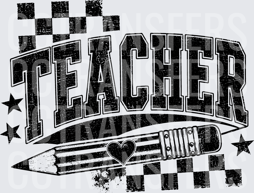 Vintage Teacher Bold Arch Pencil Heart Stars Checker (DTF)