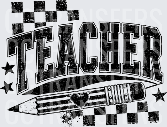Vintage Teacher Bold Arch Pencil Heart Stars Checker (DTF)
