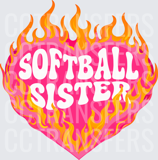 Softball Sister Flaming Pink Heart Groovy Text (DTF)