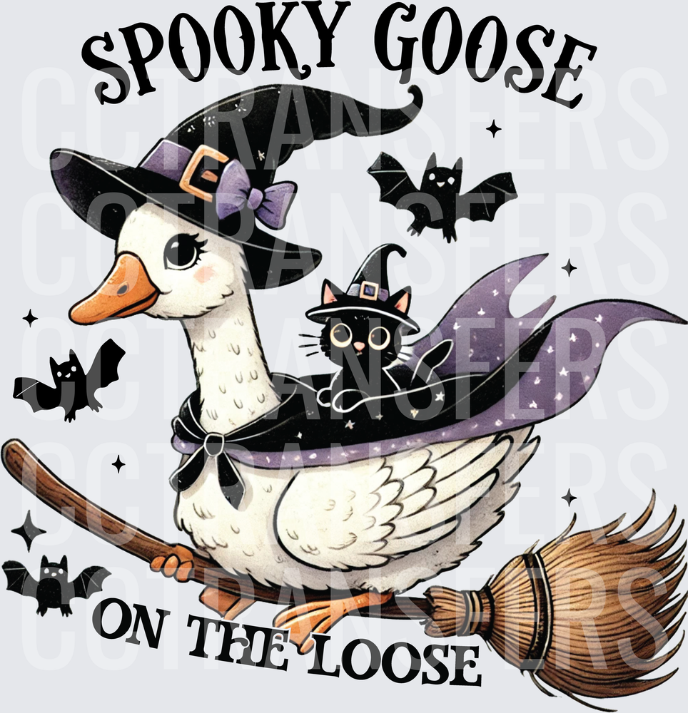 Spooky Goose On The Loose Halloween Witch Broom Cat Bats (DTF)