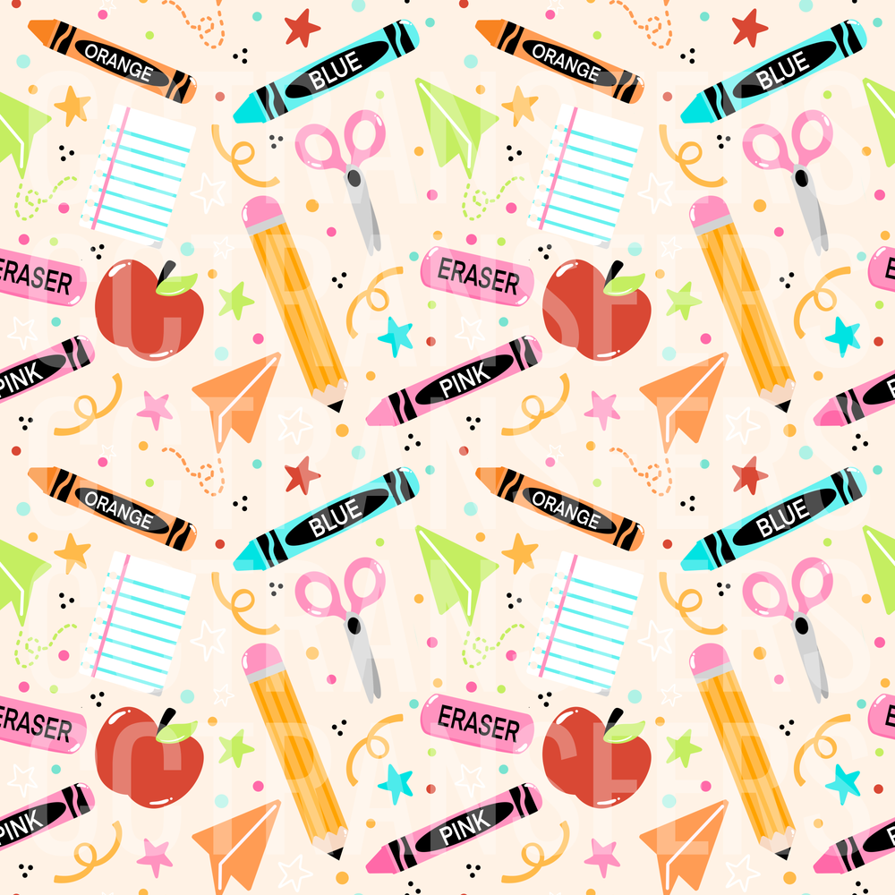 Colorful School Supplies Pattern Crayons Pencils Apples (DTF)