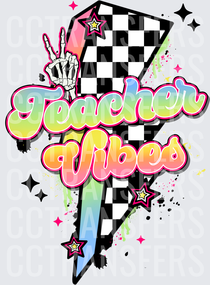 Teacher Vibes Checkered Bolt Skeleton Peace Hand (DTF)