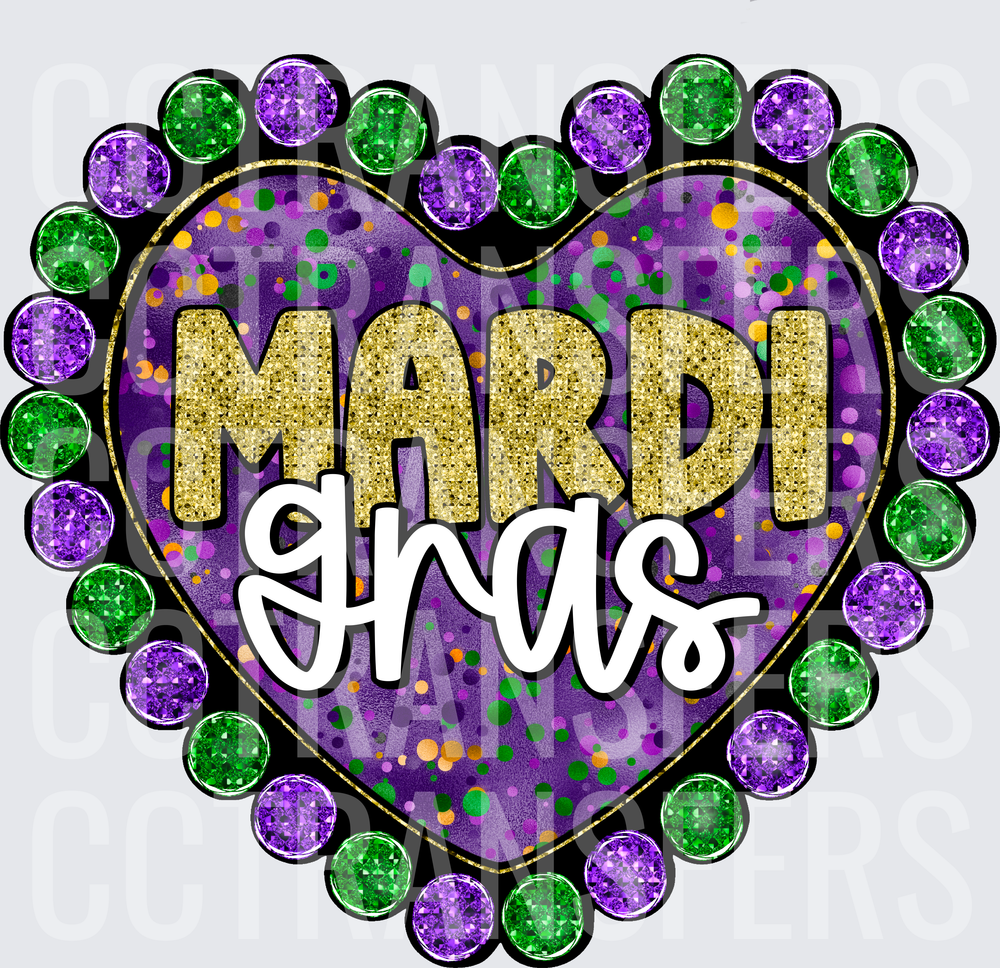 Mardi Gras Glitter Jeweled Heart Purple Green Gold (DTF)