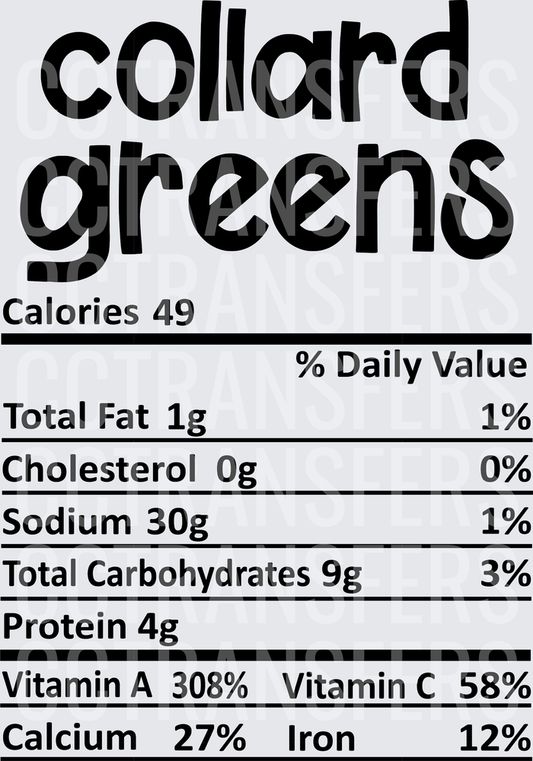 Collard Greens Nutrition Facts Label Design (DTF)