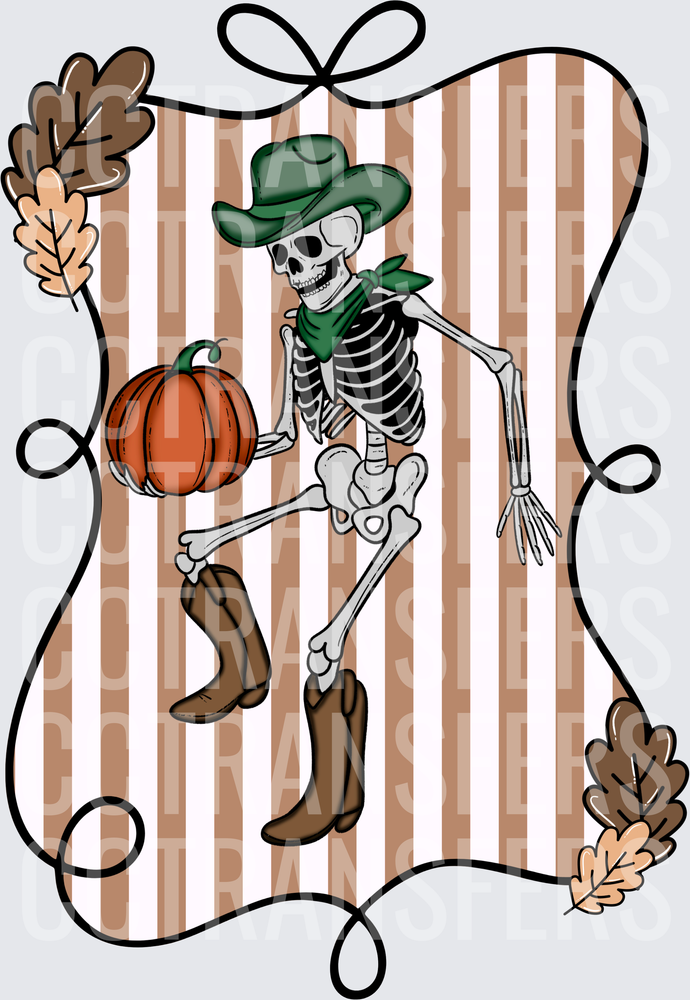 Dancing Skeleton Cowboy Holding Pumpkin Fall Leaves (DTF)