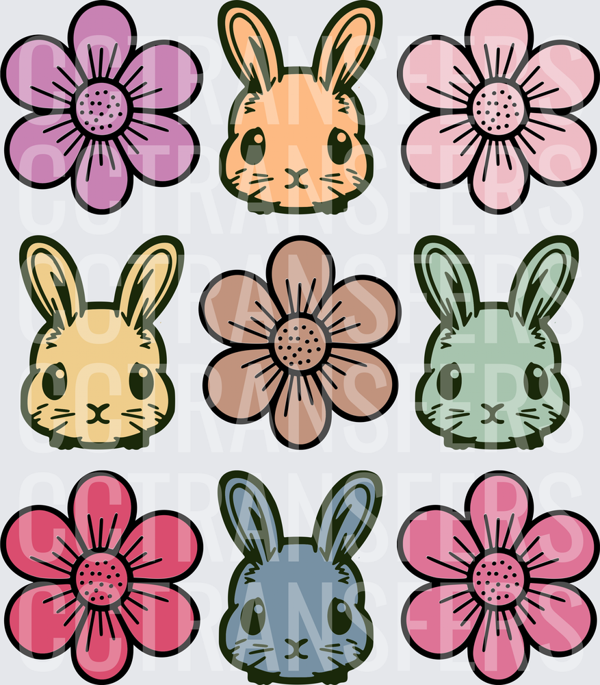 Cute Bunny Faces and Retro Flowers Pastel Set (DTF)