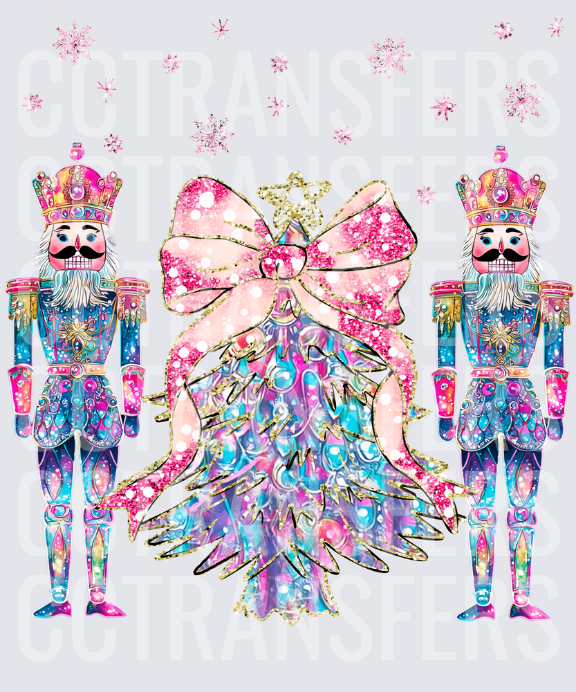 Glitter Nutcracker Duo Christmas Tree Pink Bow Snowflakes (DTF)