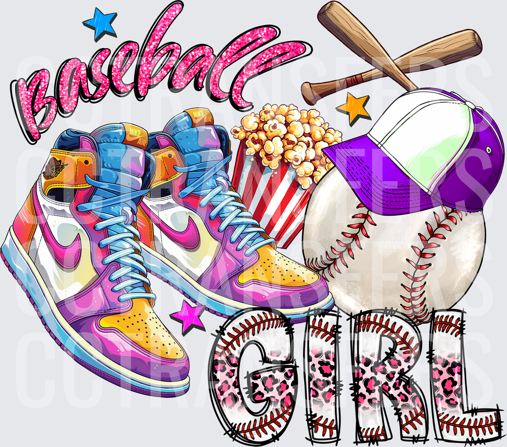 Baseball Girl Glitter Leopard Sneakers Bats Popcorn (DTF)