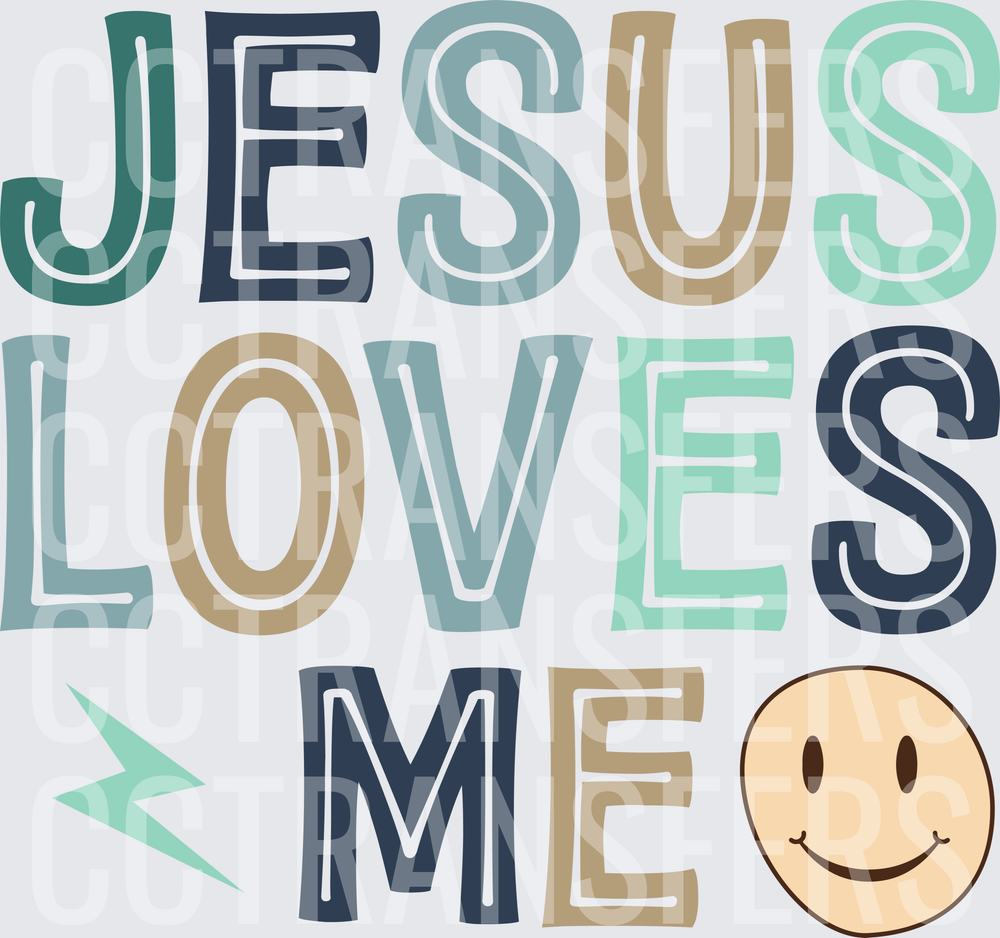 Jesus Loves Me Colorful Bold Text Smiley Face Lightning Bolt (DTF)