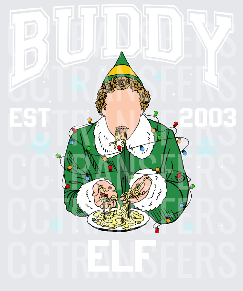 Christmas Elf Eating Spaghetti Wrapped in Lights Snowflakes (DTF)