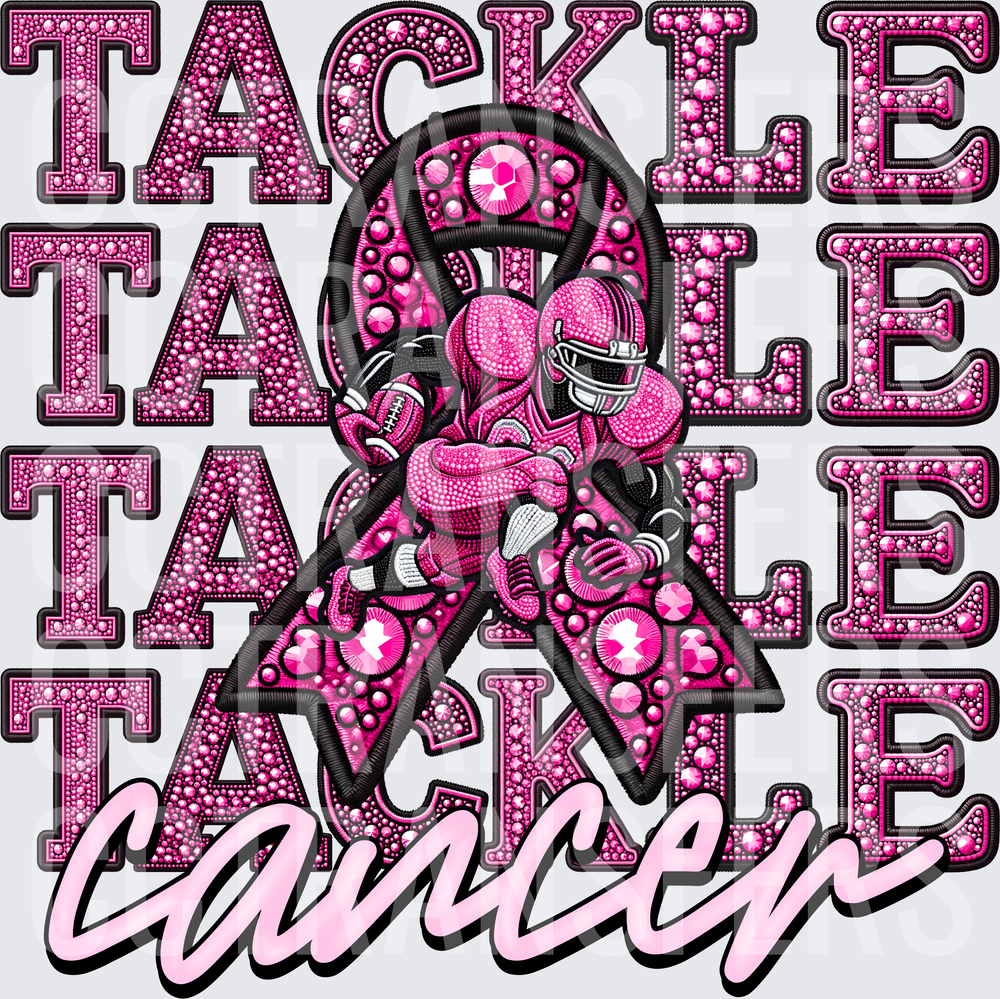 Tackle Cancer Pink Rhinestone Football Player Ribbon (DTF)