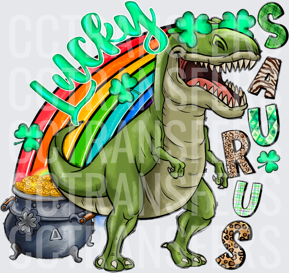 Lucky Saurus T-Rex St. Patrick's Day Rainbow Pot of Gold (DTF)