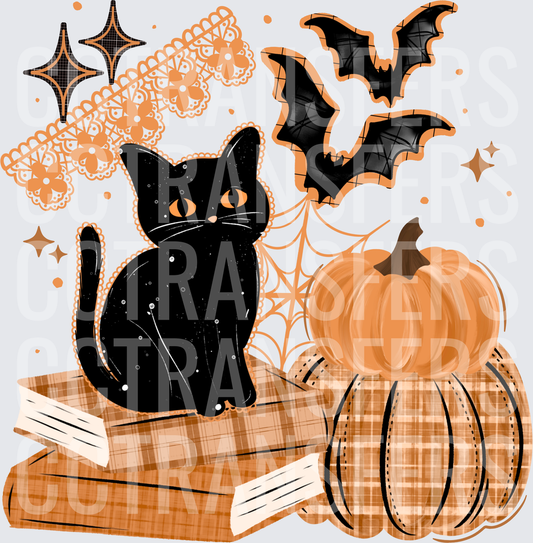 Boho Halloween Black Cat Pumpkins Bats Lace Books (DTF)