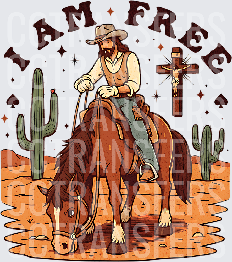 I Am Free Cowboy On Horse Desert Cross Western (DTF)