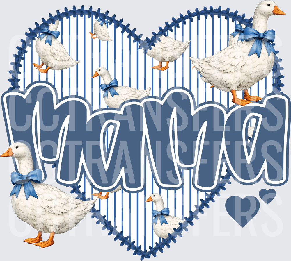 Mama Blue Heart White Geese Blue Bow Stripes (DTF)