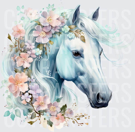 Watercolor White Horse with Pastel Floral Mane (DTF)
