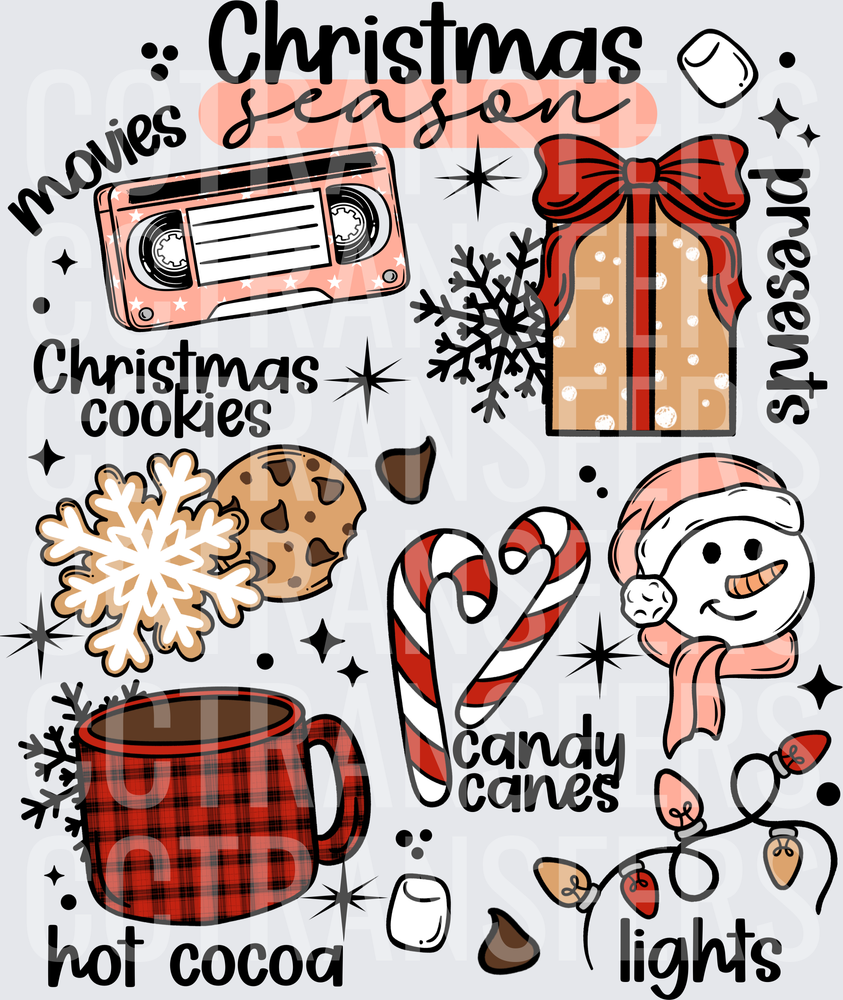 Christmas Season Movies Cookies Hot Cocoa Candy Canes Lights (DTF)