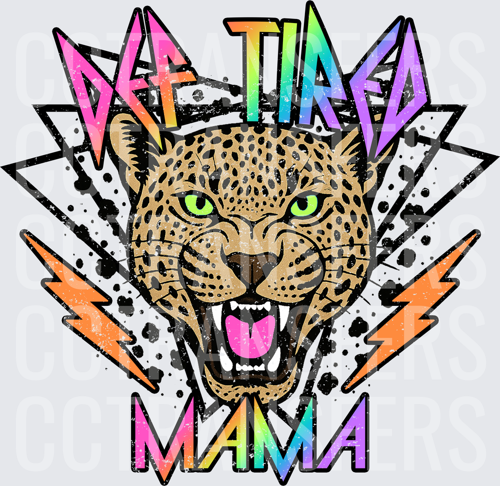 Def Tired Mama Roaring Leopard Neon Lightning Bolt (DTF)