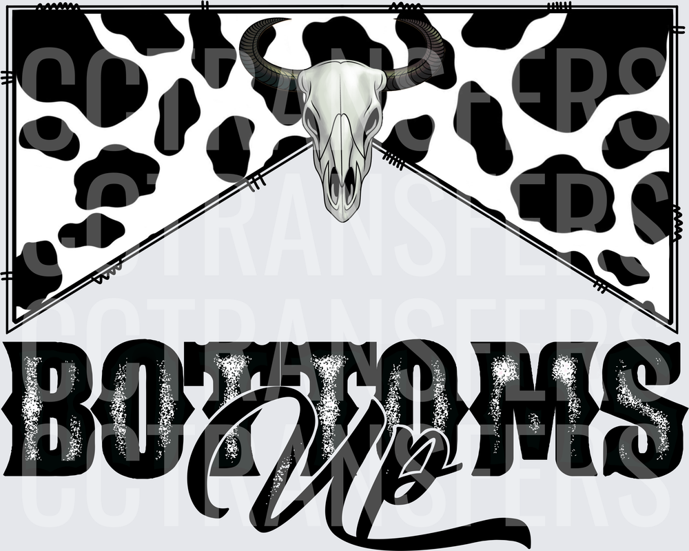 Bottoms Up Bull Skull Cow Print Barbed Wire Design (DTF)