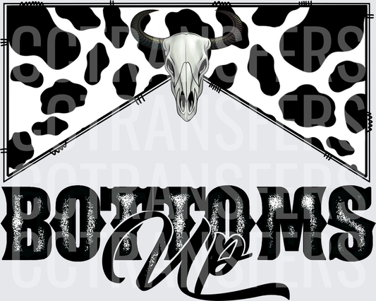 Bottoms Up Bull Skull Cow Print Barbed Wire Design (DTF)